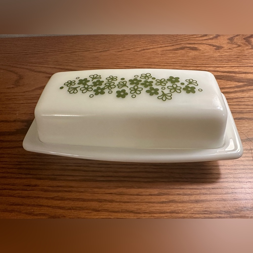 Vintage Pyrex Covered Butter Dish 2-Piece Green Crazy Daisy Spring Blossom